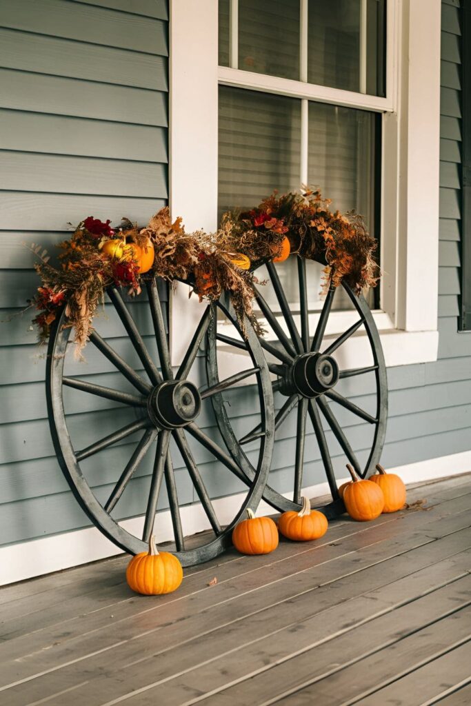 Decorative wagon wheels leaning against a porch wall, adorned with fall foliage and small pumpkins