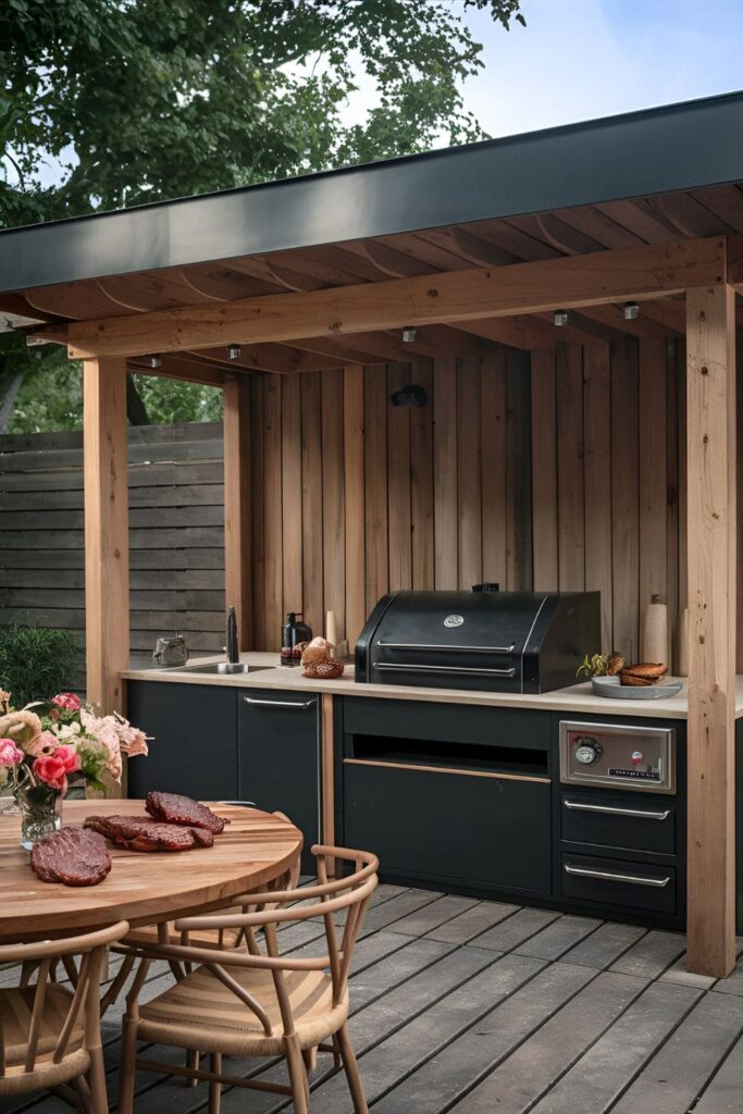 Dedicated smoker station in outdoor kitchen with smoked meats