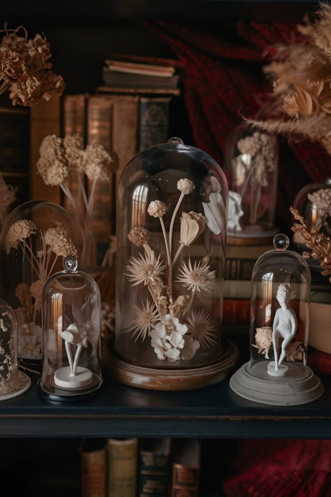 Delicate items like dried flowers and small sculptures displayed under cloches and glass domes on a dark wood shelf with a backdrop of antique books