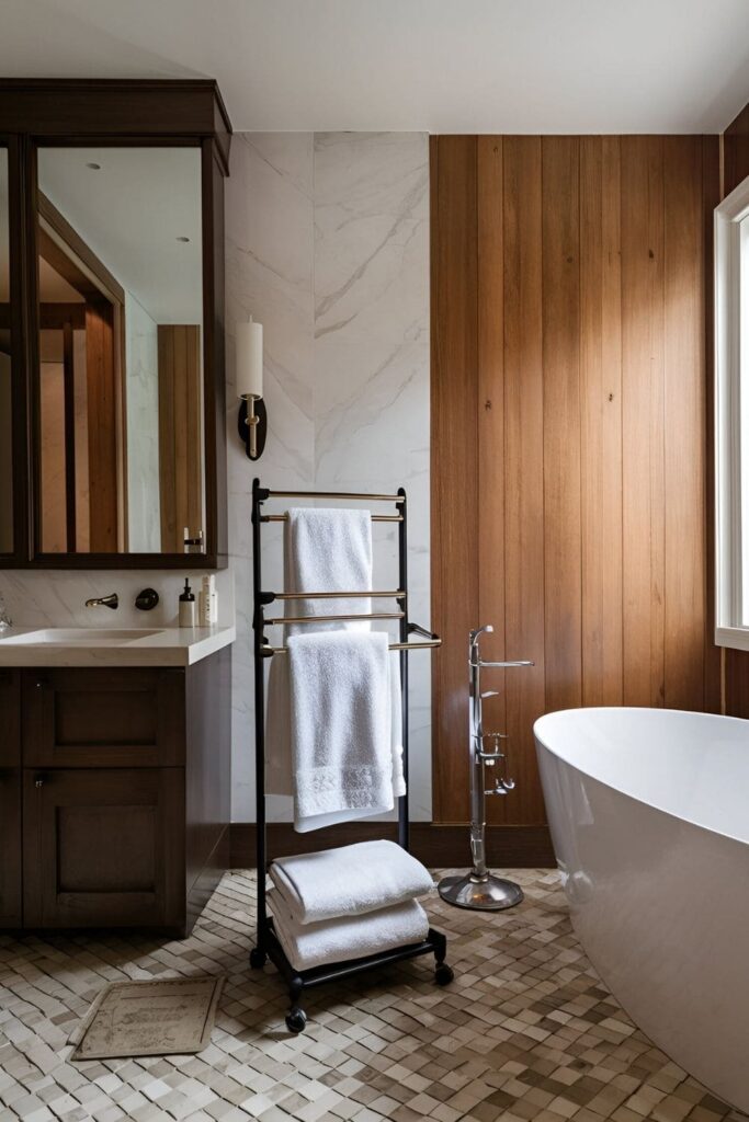 Elegant bathroom with a towel valet stand offering multiple bars for hanging towels