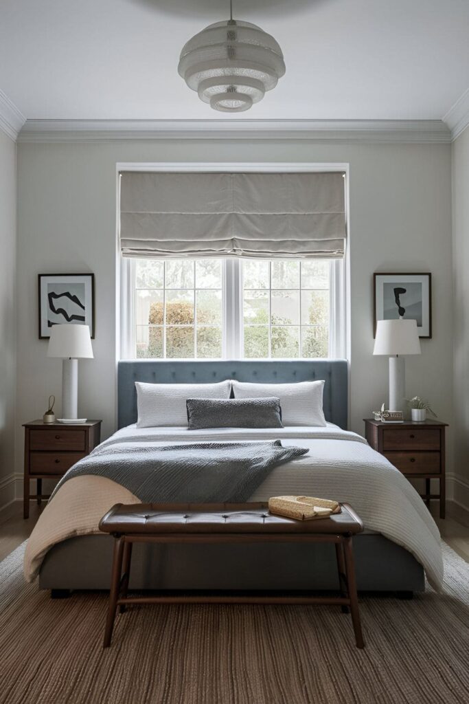 Elegant bedroom with a window behind the bed adorned with simple Roman blinds, offering privacy and light control in a clean design