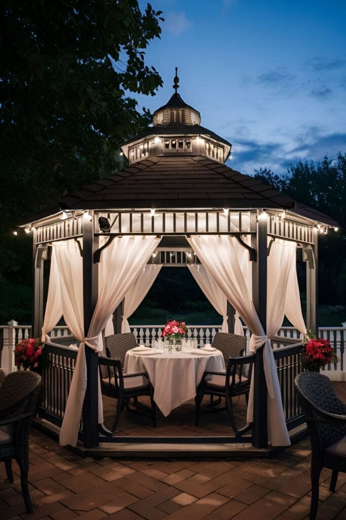 Elegant gazebos on patio decorated with curtains, lights, or flowers