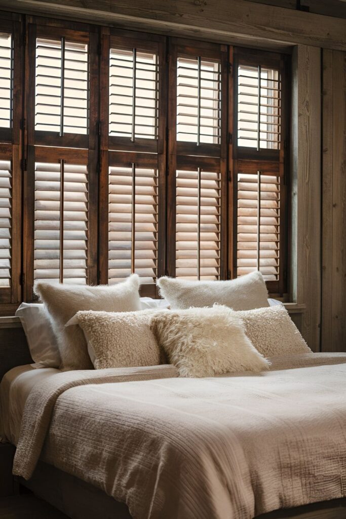 Farmhouse-style bedroom with rustic wooden shutters on the window behind the bed, providing privacy and light control with a weathered wood touch