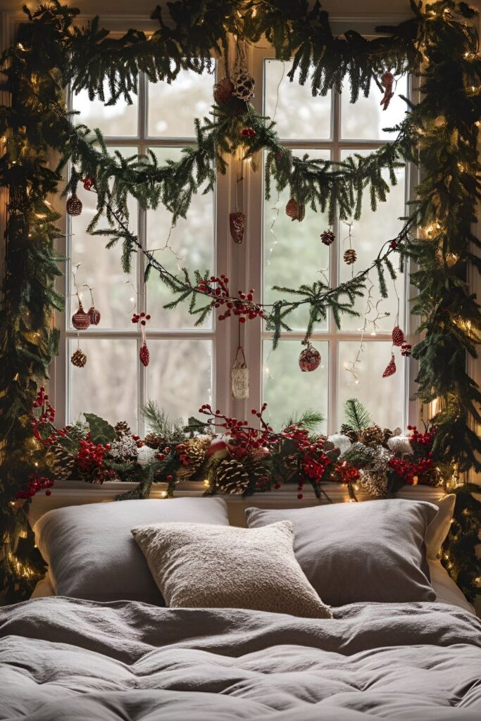 Festive bedroom scene with a window behind the bed decorated with garlands, fairy lights, and seasonal decorations