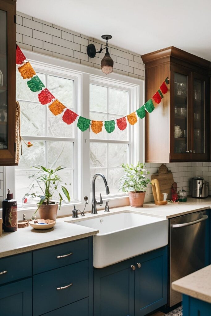 Festive garland made from colorful papel picado or traditional Mexican materials hanging along windows or above cabinets, adding a celebratory touch