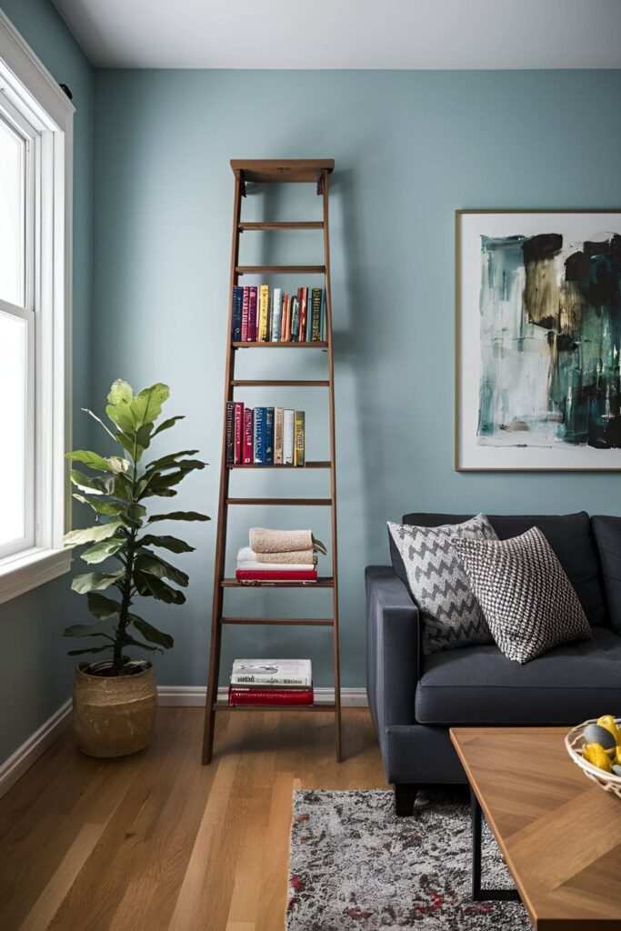 Fire escape ladder repurposed as a bookshelf in a stylish living room setting