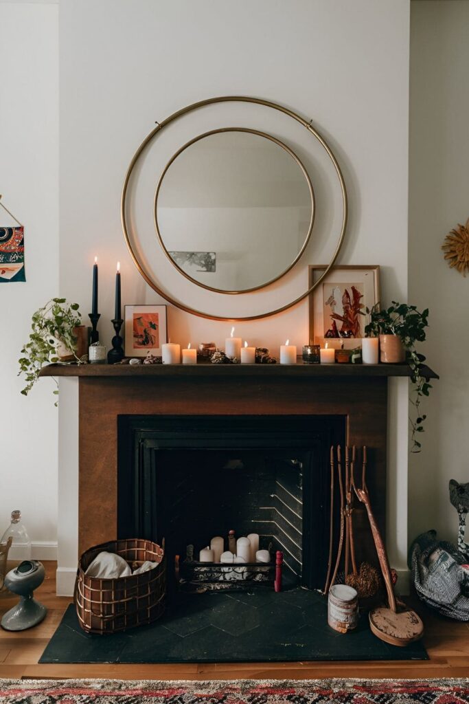 Fireplace mantel decorated with a mix of candles, small plants, and eclectic art pieces arranged casually