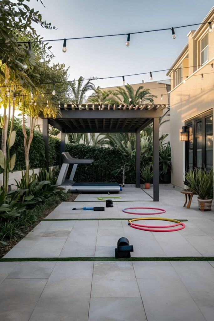 Fitness circuit stations for jumping jacks, hula hooping, and running in place set up on a spacious patio