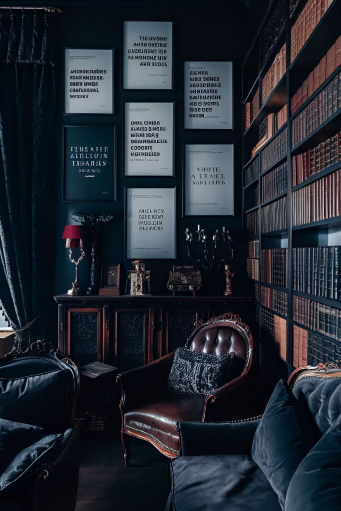 Framed quotes from dark academia literature and philosophers displayed on the walls of a room filled with antique furniture and dark fabrics