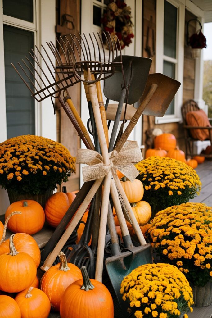 Front porch displaying vintage garden tools like rakes and hoes, tied with burlap ribbons and surrounded by pumpkins and mums