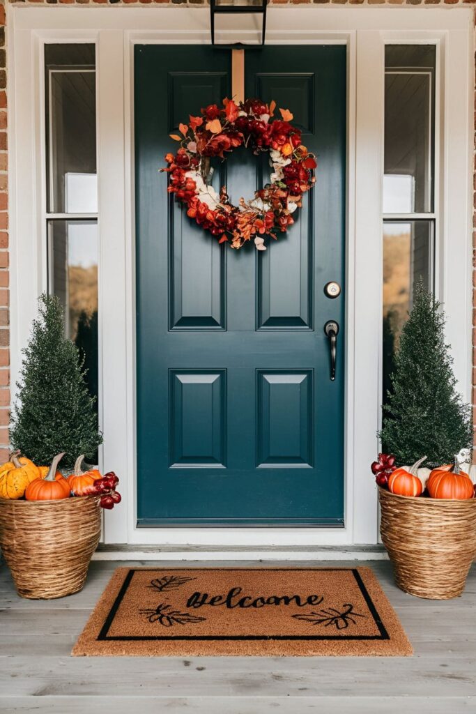 Front porch with a seasonal welcome mat featuring fall designs like leaves and pumpkins, creating a festive entryway