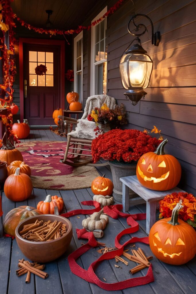 Front porch with bowls or ribbons of cinnamon sticks and cloves, adding a delightful fall fragrance to the decor