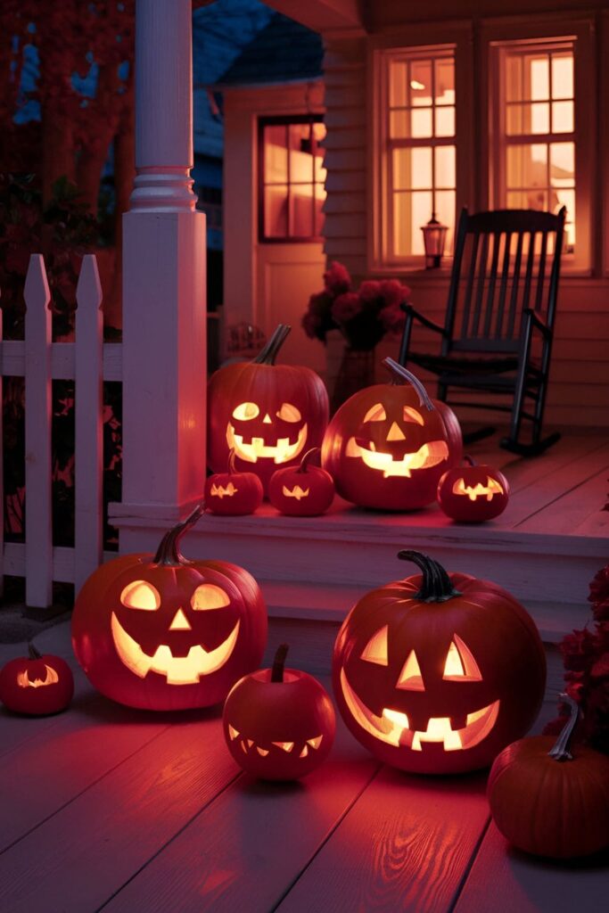 Front porch with carved pumpkin lanterns glowing warmly in the evening light, creating a magical atmosphere