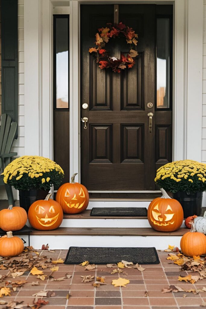 Front porch with carved pumpkins displaying family names and initials, surrounded by autumn leaves and colorful mums