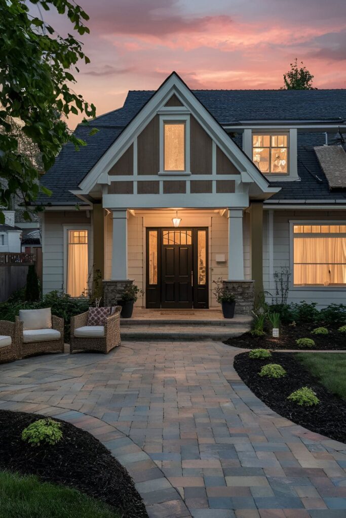 Front yard with a welcoming entrance and small seating area made from pavers, enhancing the home's curb appeal