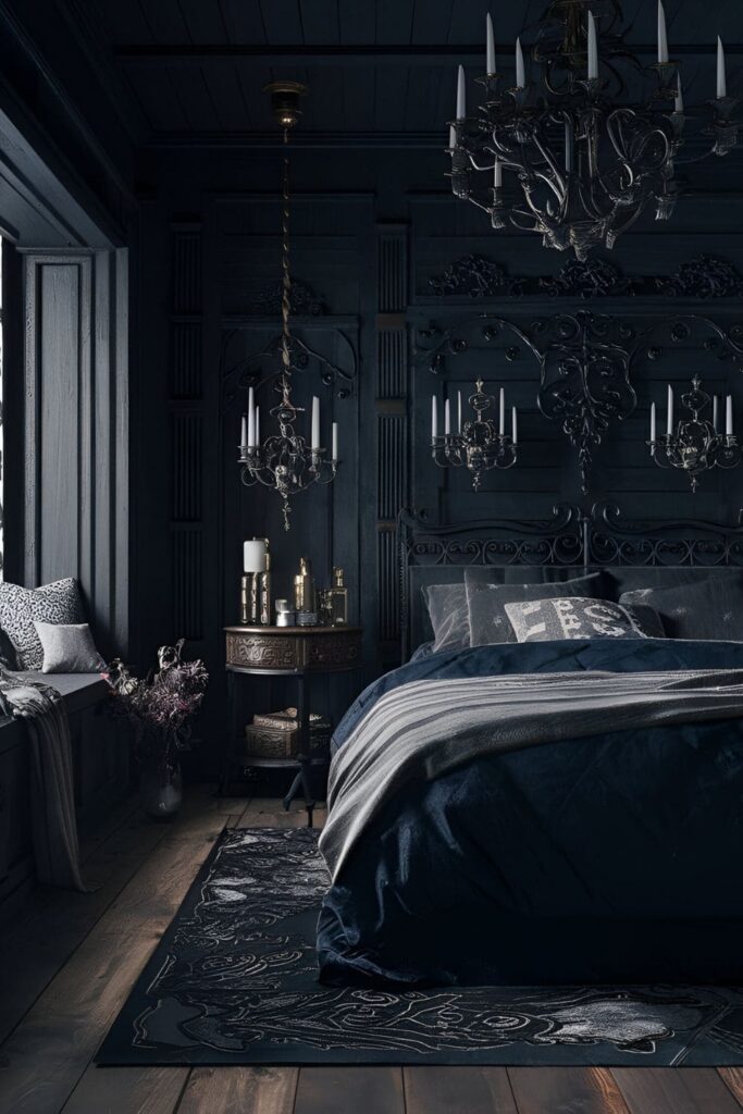 Gothic-inspired decor elements like wrought iron candle holders, dark-stained wood, and ornate patterns in a dark academia bedroom