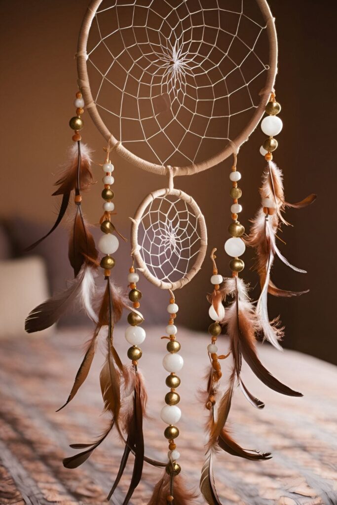 Handmade dream catcher with feathers and beads hanging above a bed, adding a mystical and serene touch to the room