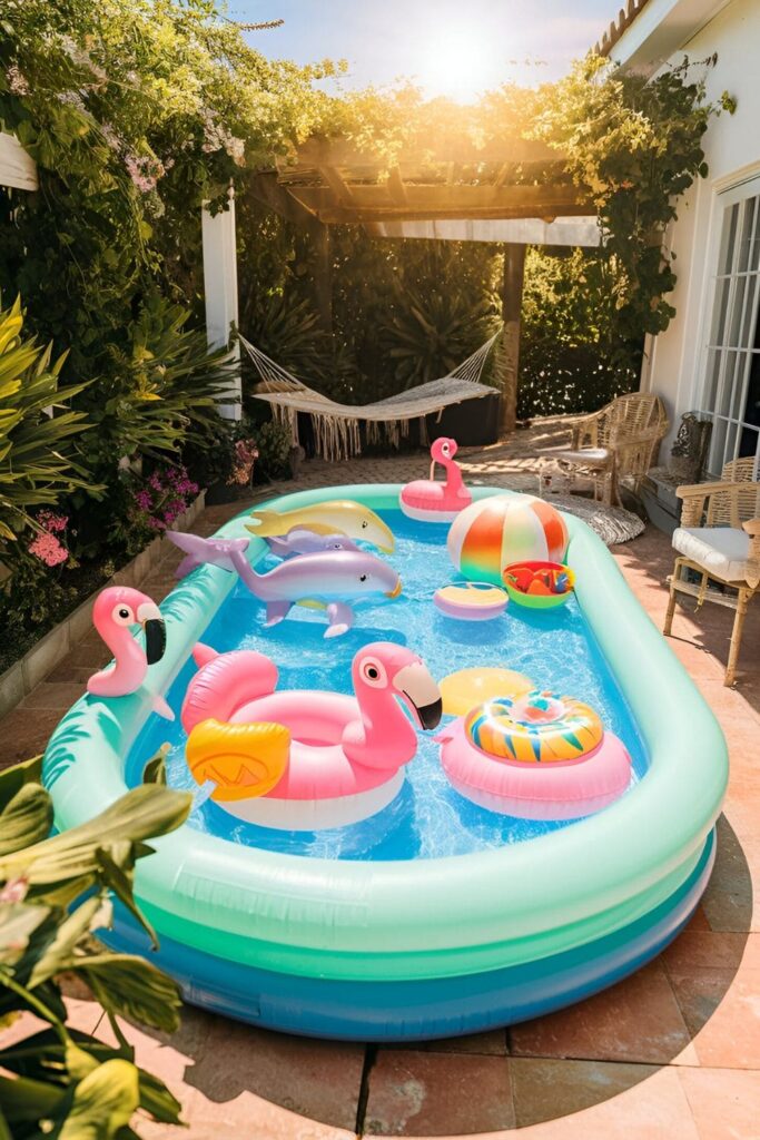 Inflatable pool set up on a patio, with children playing and adults lounging nearby on comfortable seating, enjoying a sunny day