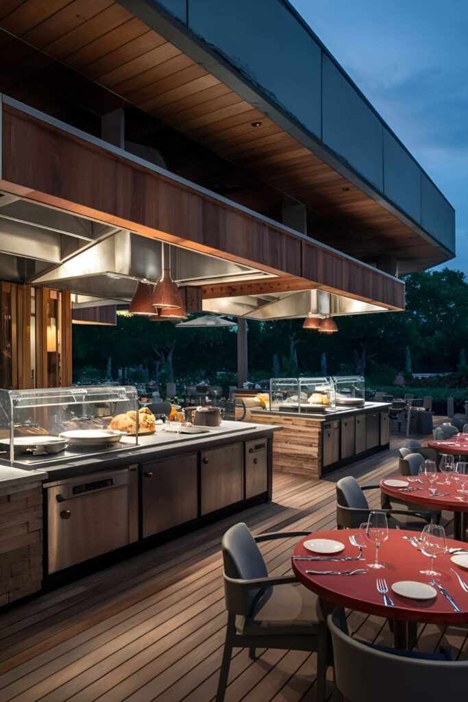 Interactive cooking stations on patio where chefs prepare dishes