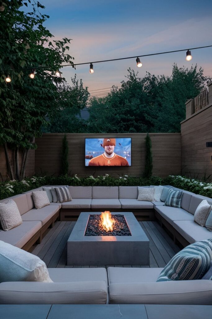 Intimate sunken patio lounge with a TV at eye level, plush seating, throw pillows, and a fire pit in the center