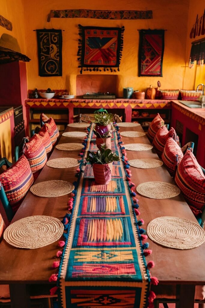 Kitchen adorned with woven Mexican textiles, including placemats, table runners, and chair cushions in bold patterns and bright colors