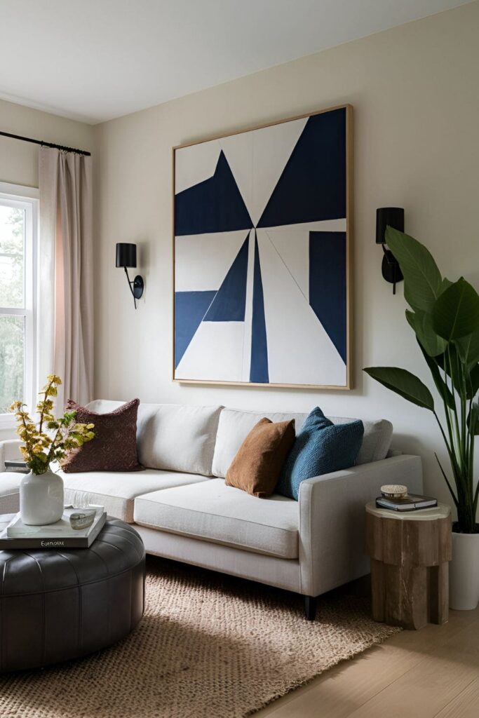 Large art pieces like canvases and prints hanging on living room walls, making a bold artistic statement