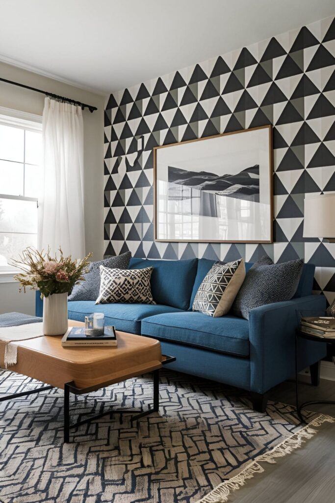 Living room decor featuring bold geometric patterns on throw pillows, rugs, and wallpaper