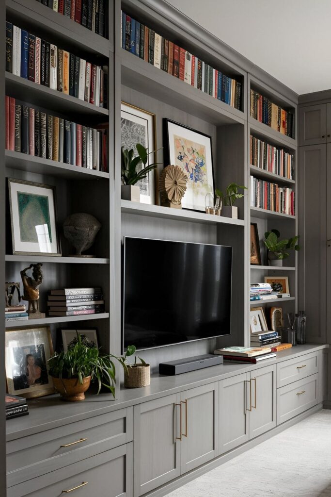 Living room decor with built-in shelving and cabinetry, showcasing books, decor, and a custom entertainment center, providing a cohesive look 