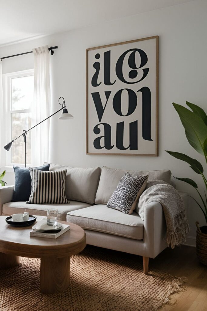 Living room decor with throw pillows and wall art featuring bold typography for a graphic effect