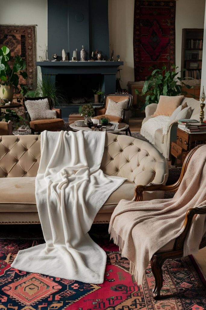 Living room featuring statement throw blankets made from cashmere, draped over sofas, adding color, texture, and warmth