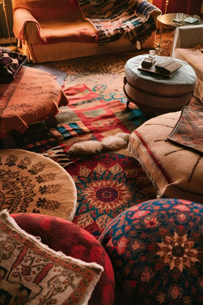 Living room floor with multiple layered throw rugs in different patterns and colors, creating a cozy look