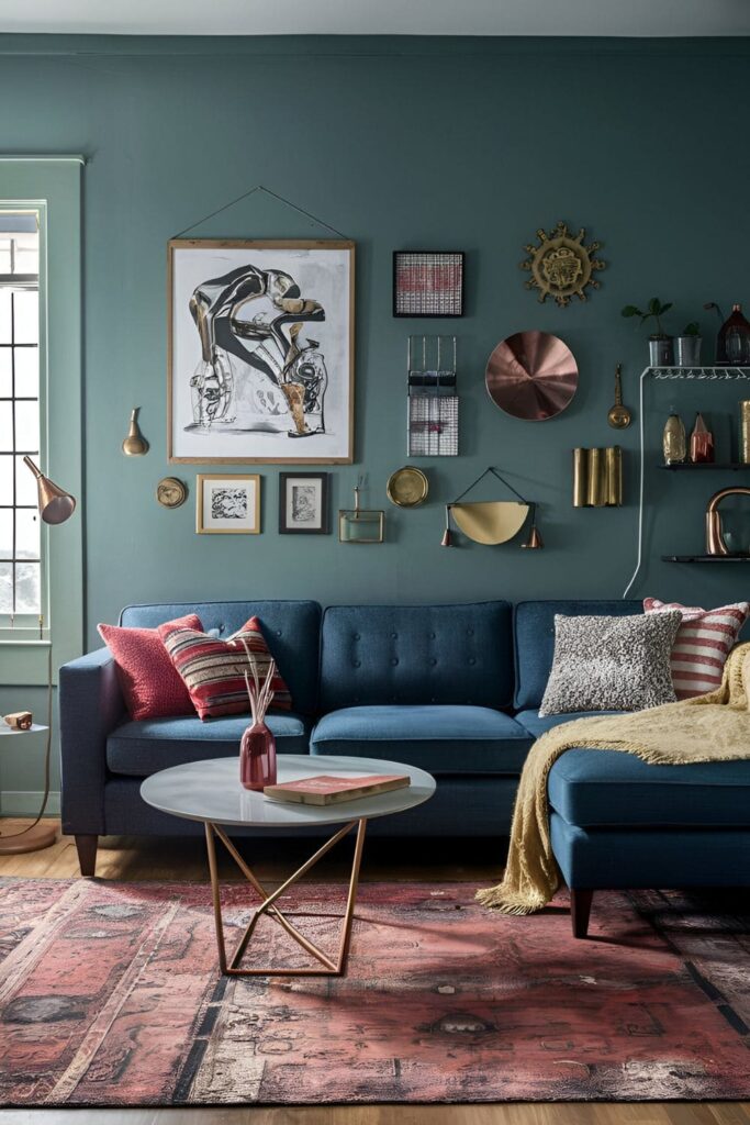 Living room furniture and decor with mixed metal finishes like brass, copper, and steel for an eclectic vibe
