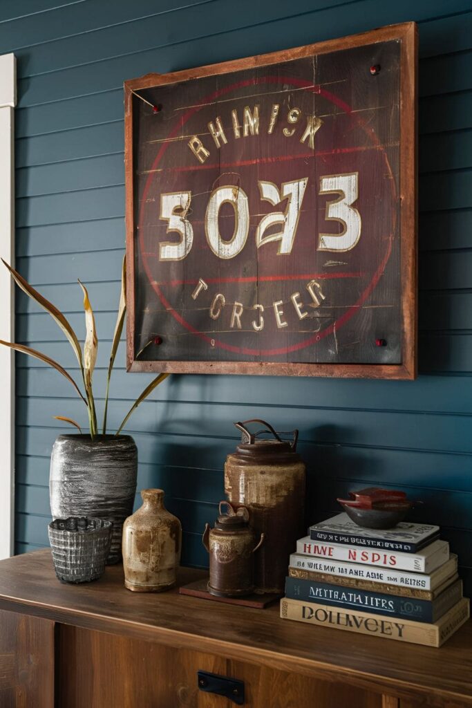 Living room wall adorned with repurposed signage like old street signs and vintage advertisements