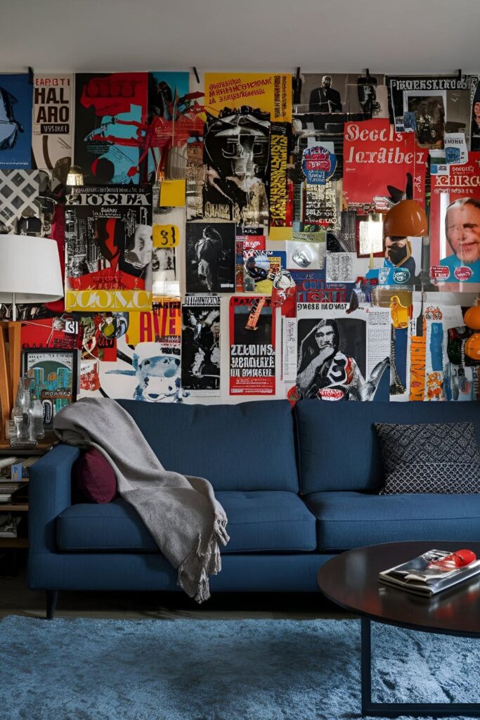 Living room wall with a dynamic collage of posters, photographs, and magazine clippings reflecting urban culture