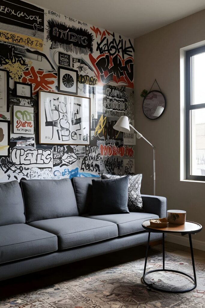 Living room walls adorned with graphic wall decals featuring urban-inspired designs