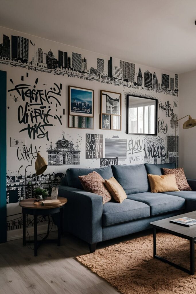 Living room walls decorated with vinyl decals depicting graffiti designs and urban landscapes