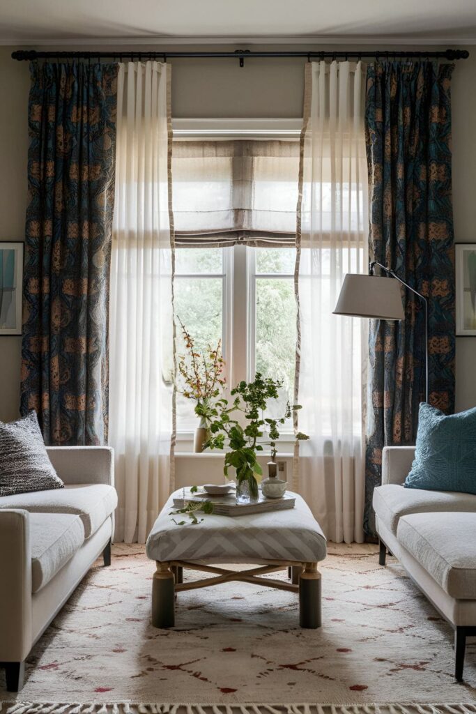 Living room window with a mix of sheer curtains and patterned drapes