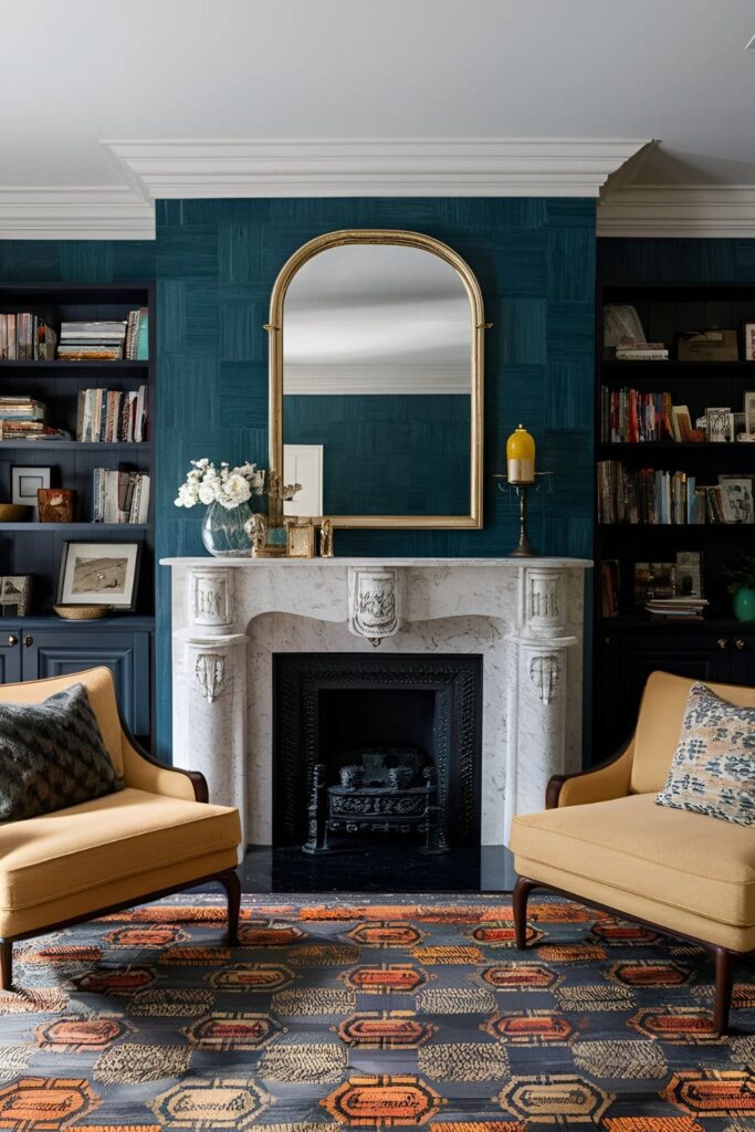 Living room with a custom-designed fireplace mantel made of marble and intricately carved wood, serving as a focal point