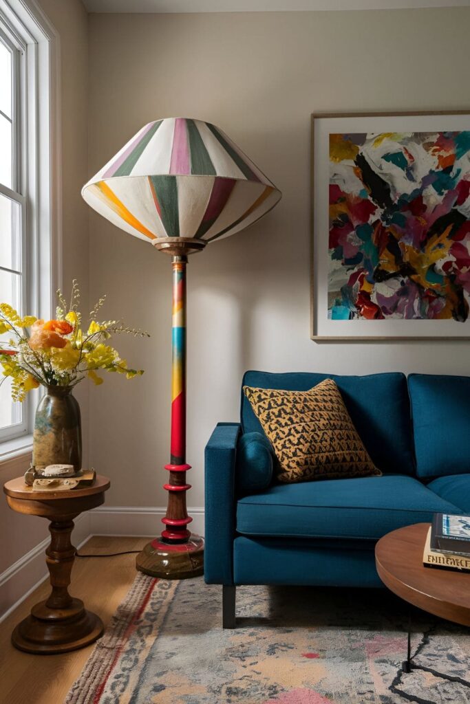 Living room with a unique, oversized floor lamp featuring an unusual shade and a mix of bold colors