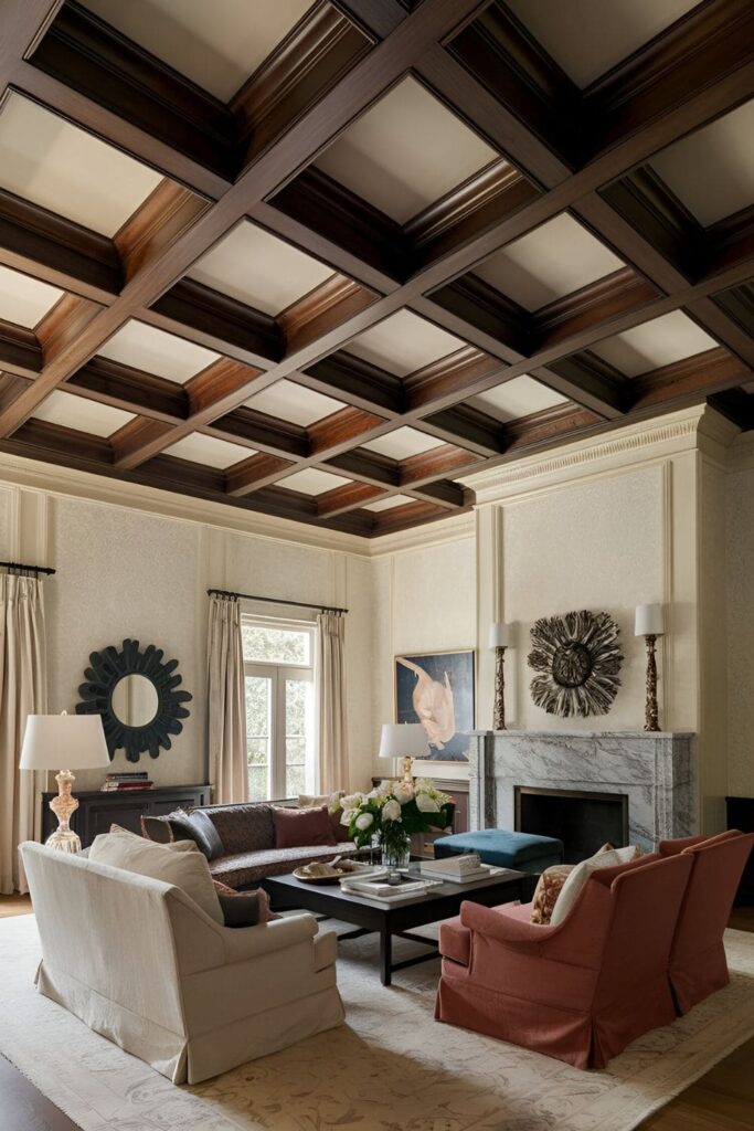 Living room with coffered ceilings and beams, featuring intricate molding and contrasting colors, enhancing architectural interest