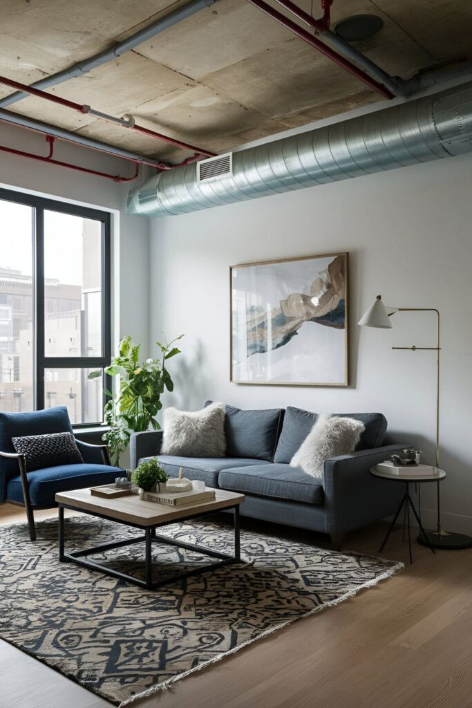 Living room with exposed ductwork painted in a bold color, adding an industrial and urban vibe