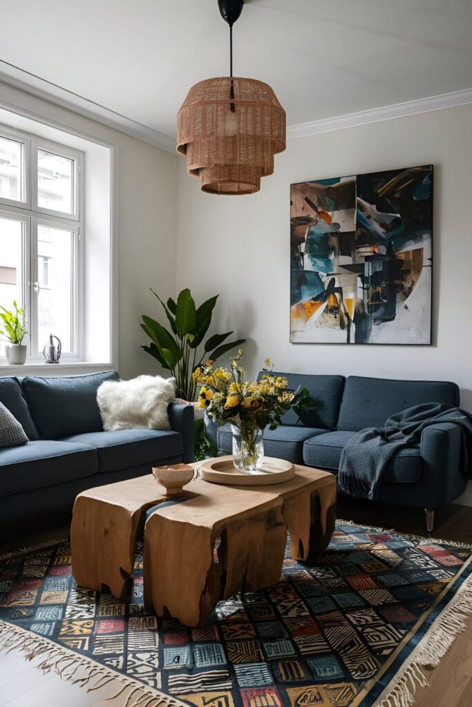 Living room with furniture and decor items featuring raw edges, such as a wooden coffee table with unfinished edges