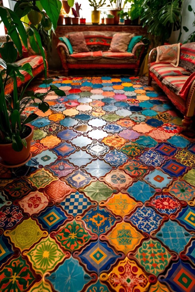 Living room with patterned floor tiles in various shapes and sizes, creating a striking and textured visual effect