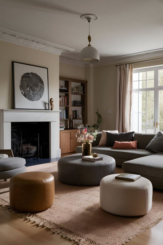 Living room with stylish poufs and ottomans, made from luxurious materials, serving as additional seating and footrests