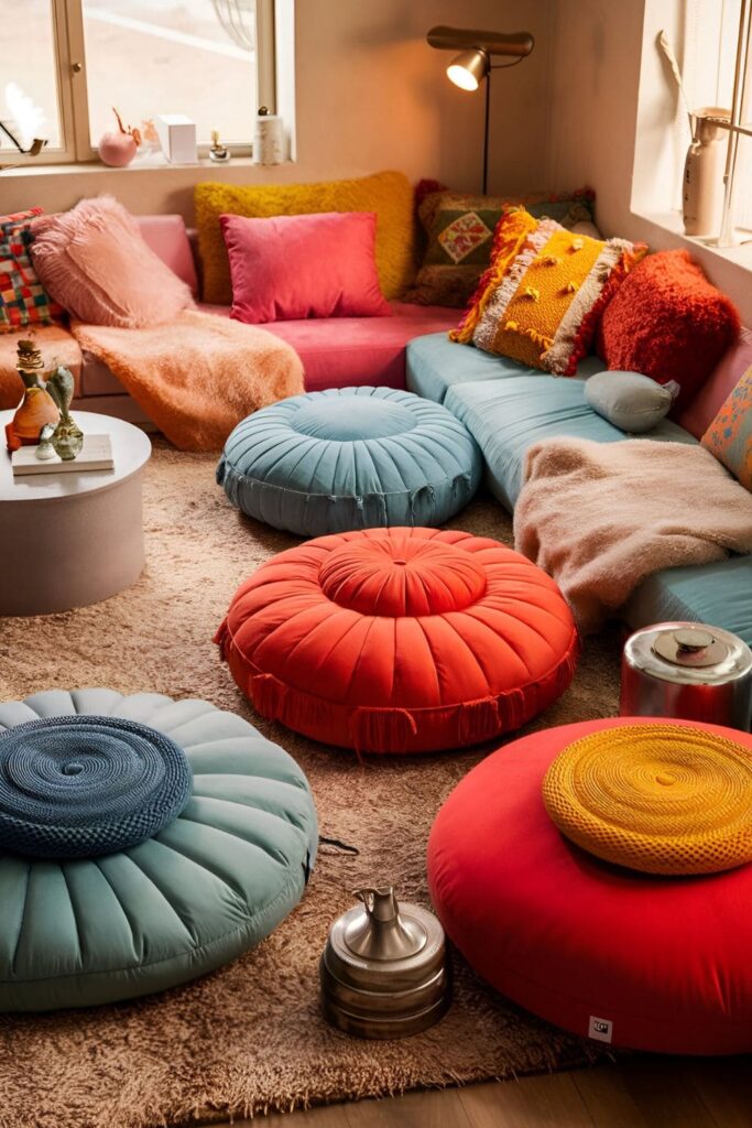 Living room with various colorful floor cushions scattered around, adding comfort and style