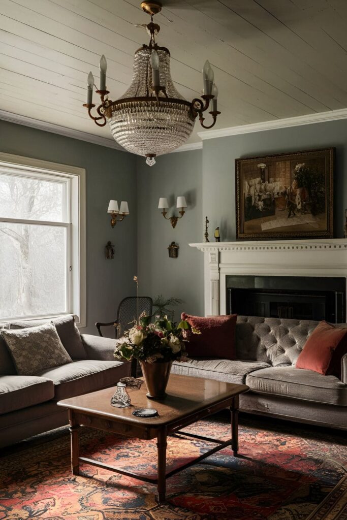 Living room with vintage chandeliers, sconces, and lamps, adding character and a timeless feel to the space