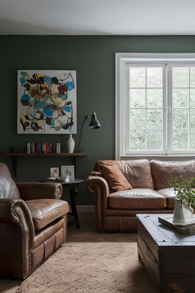 Living room with worn leather furniture, such as a distressed sofa, adding a rugged and timeless appeal