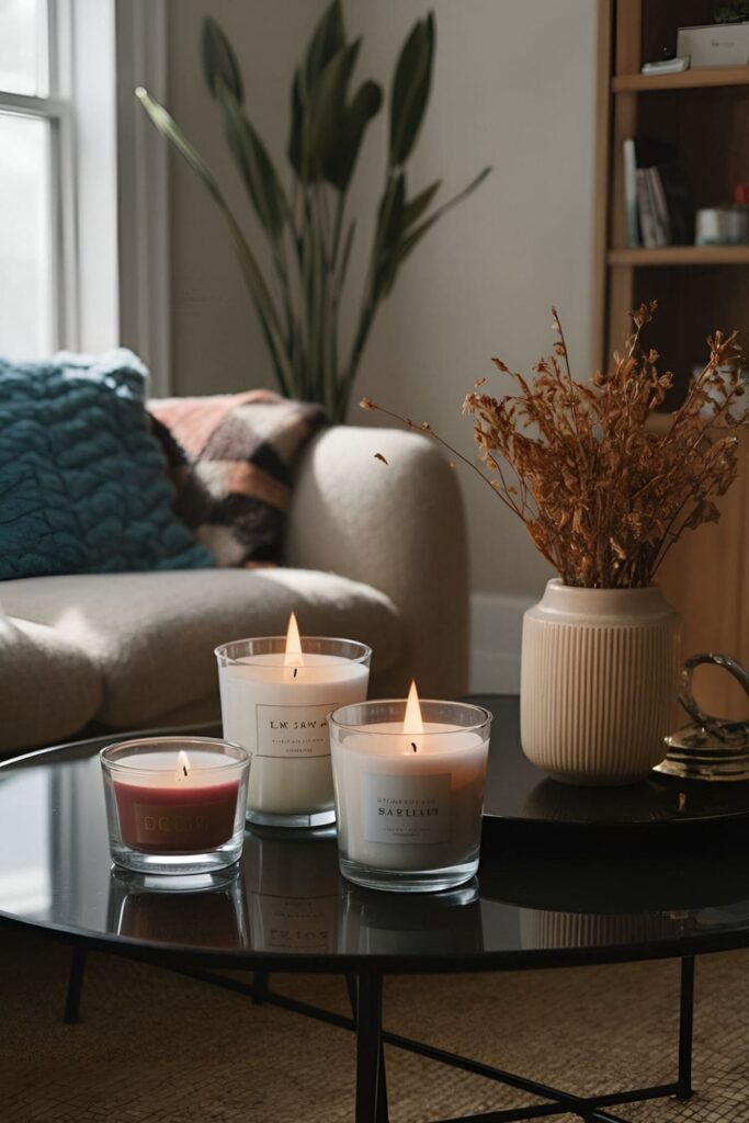 Luxury scented candles in a living room, creating a warm ambiance with soft flickering light, adding elegance to the space