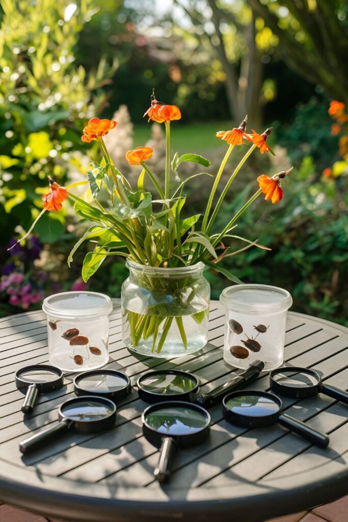 Magnifying glasses and bug containers arranged on a patio table, ready for a bug safari with a garden background