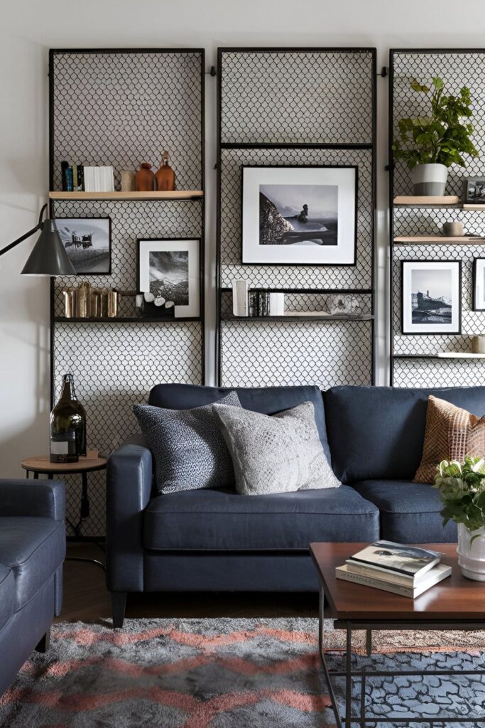 Metal grates used as room dividers and wall decor in a living room setting